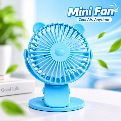 XH-09 USB Rechargeable Clip-on Mini Desk Fan – 360-Degree Rotation, 3-Speed Portable Table & Desktop Cooling Fan with Strong Grip Clamp for Home, Office & Student Dorm
